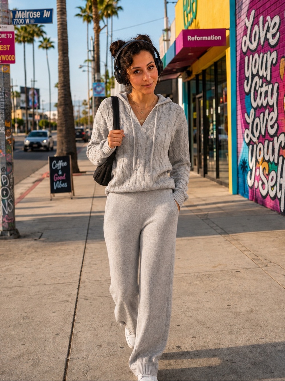 Time & Tru Gray Cable Knit Set | Hoodie & Wide Leg Pants | Size L